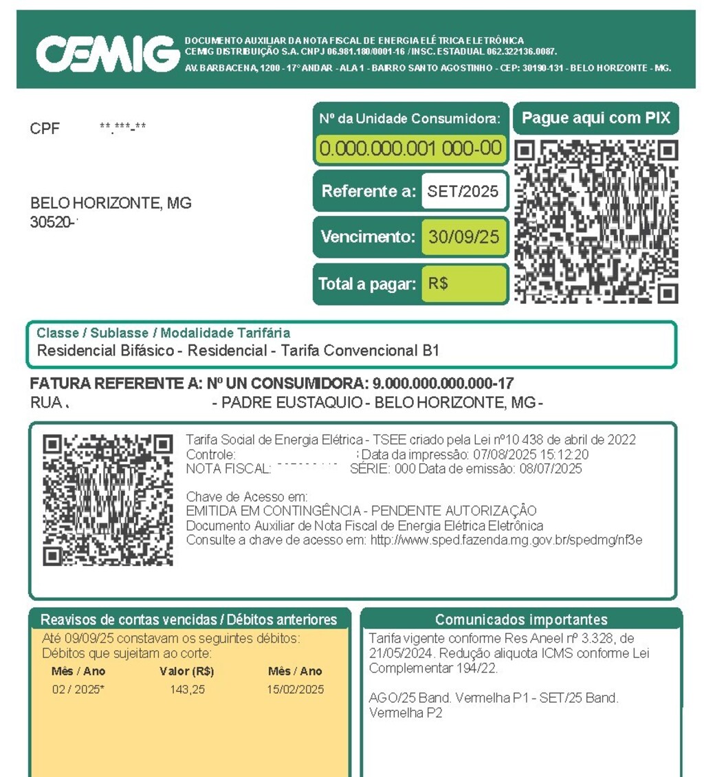 Conta de energia tem novo modelo visual; CEMIG esclarece fake news sobre fatura falsa