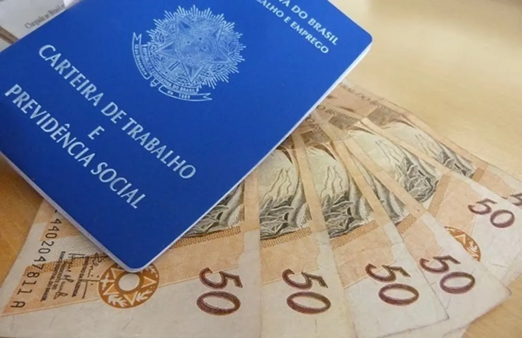 A foto mostra a carteira de trabalho e previdência social juntamente com notas de 50 reais.